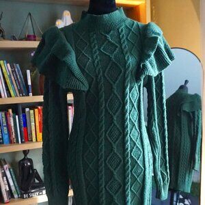 Green Bodycon Cable Sweater Dress with Ruffled Shoulders